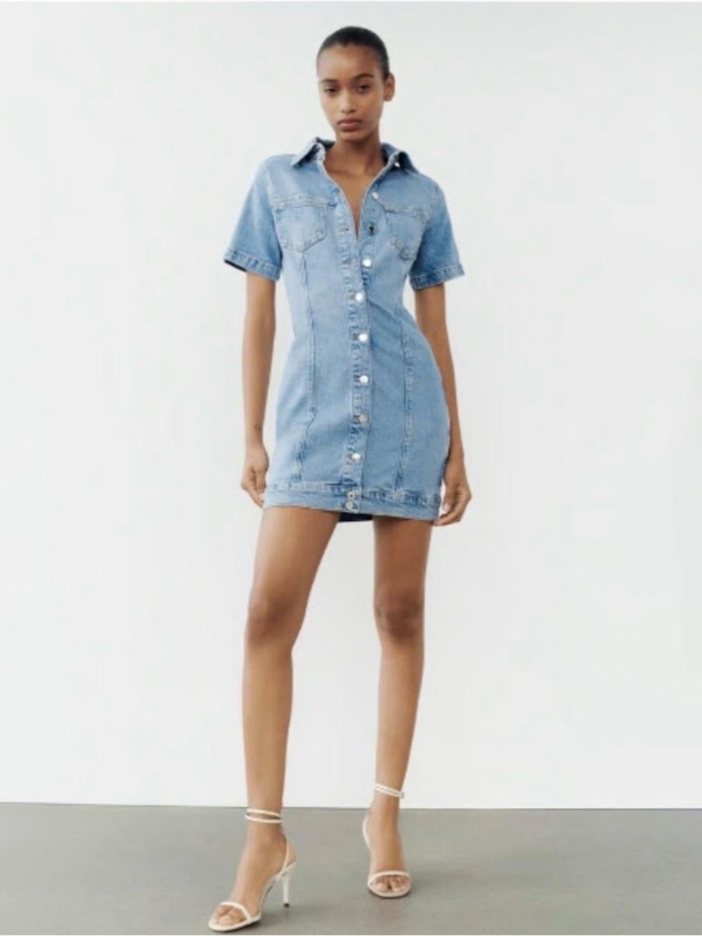 Zara Light Blue Denim Button-Front Mini Dress